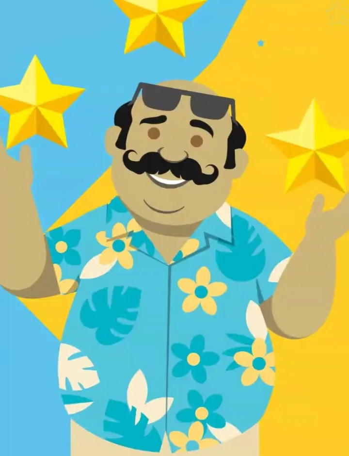 Săitulescu, personaj animat cu mustață și cămașă hawaiiană, face cu mâna