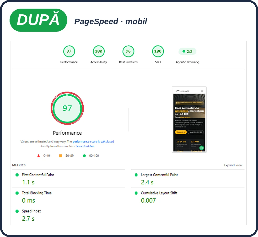 PageSpeed mobil pentru noul site Captiv Concept: scor 97