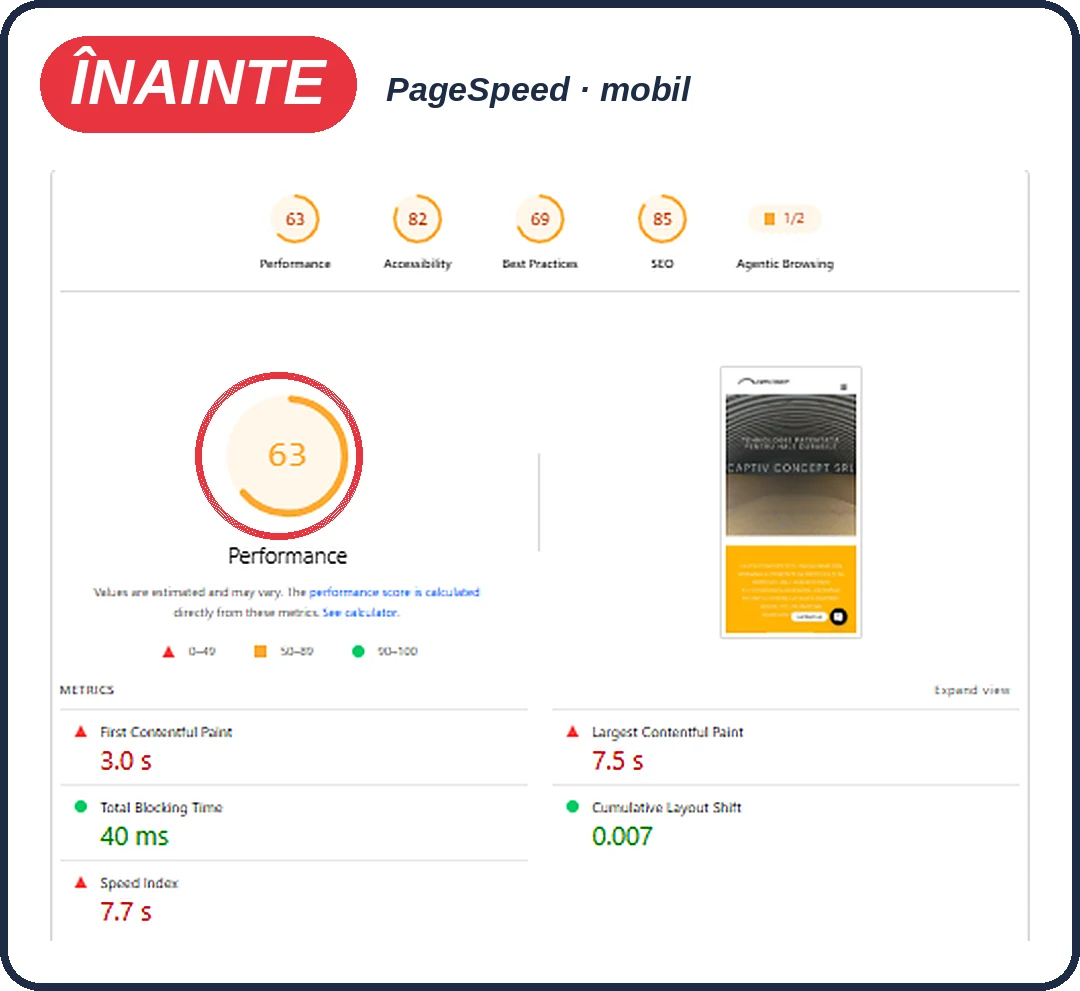 PageSpeed mobil pentru site-ul vechi Captiv Concept: scor 63