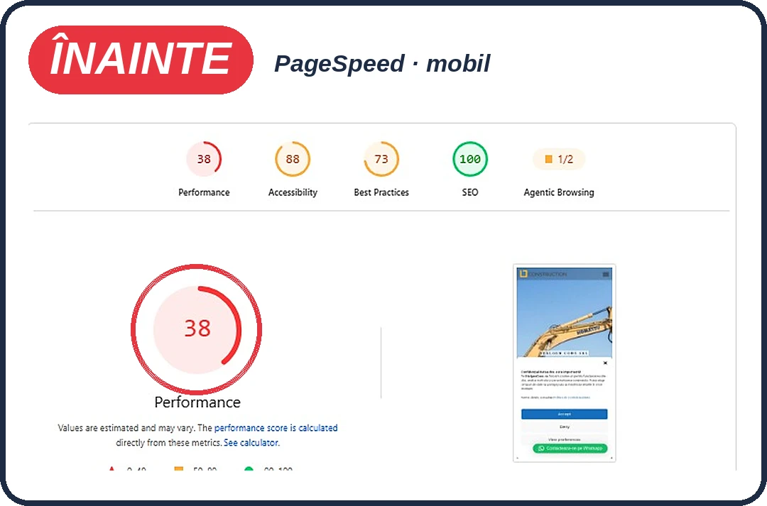 PageSpeed mobil înainte de refacere: scor 38