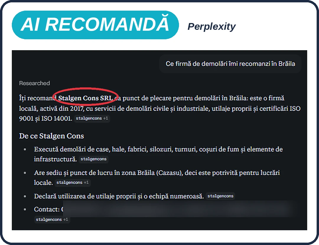 Perplexity recomandă firma după refacerea site-ului