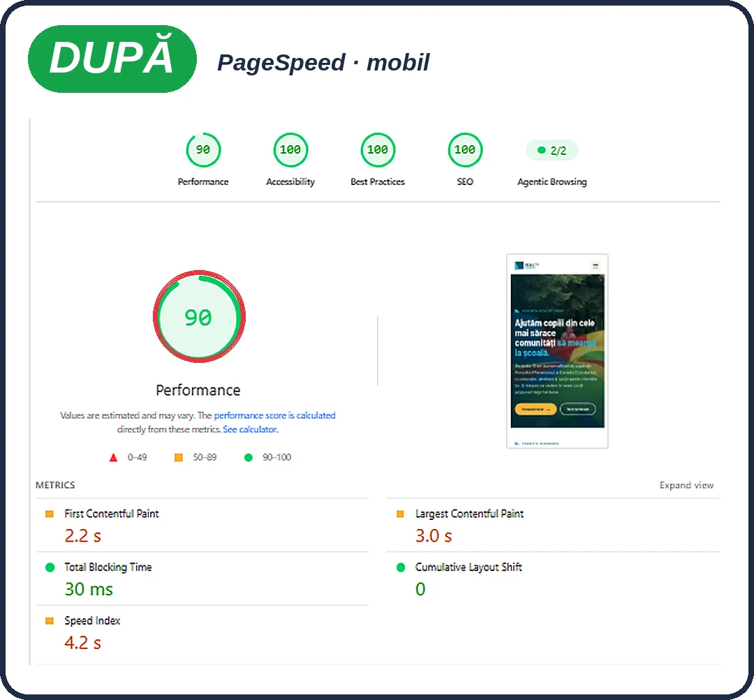 PageSpeed mobil pentru noul site Reality Check: scor 90
